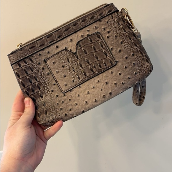 Taupe Ostrich Look Satchel Handbag and Wristlet - Picture 3 of 8